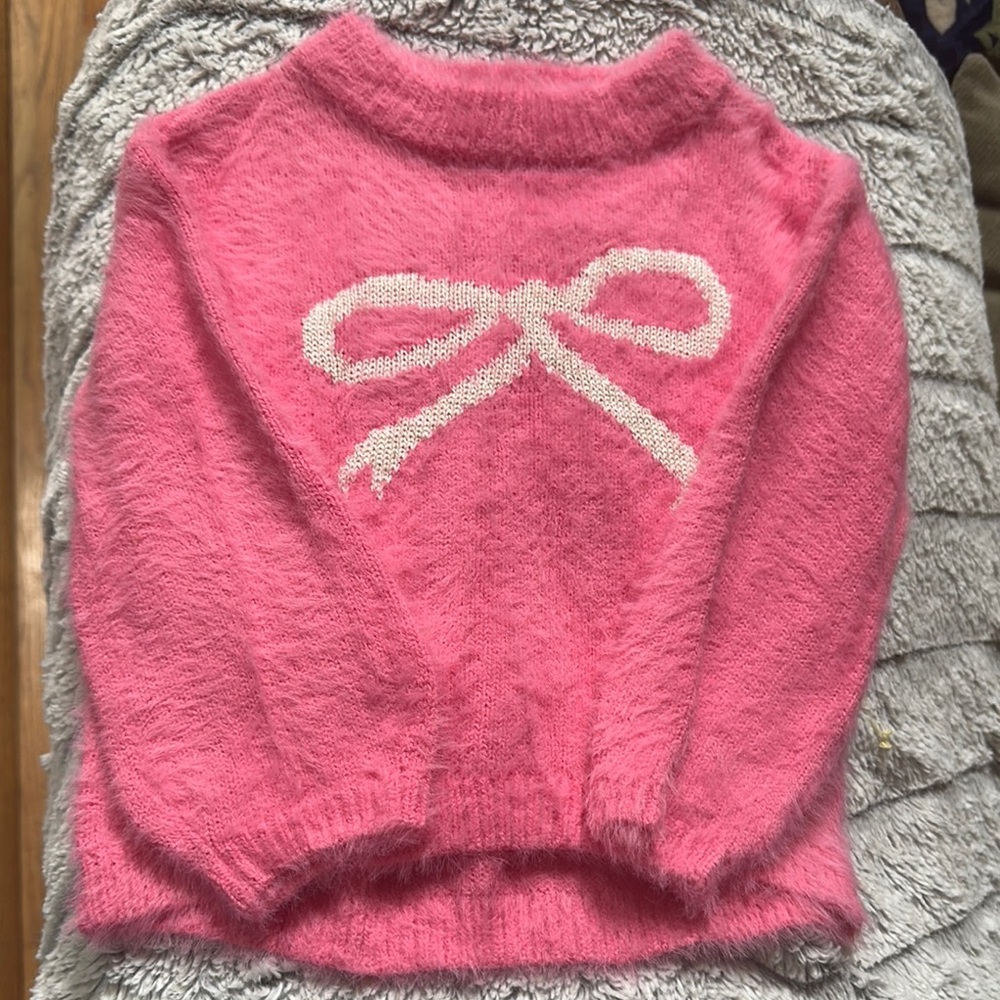 Old Navy Pink and White Crew Neck Sweater with Bow Design